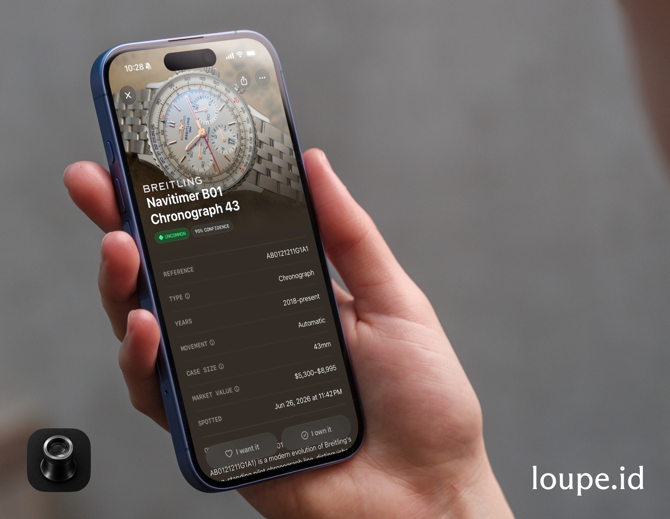 Loupe watch identification result shown on an iPhone