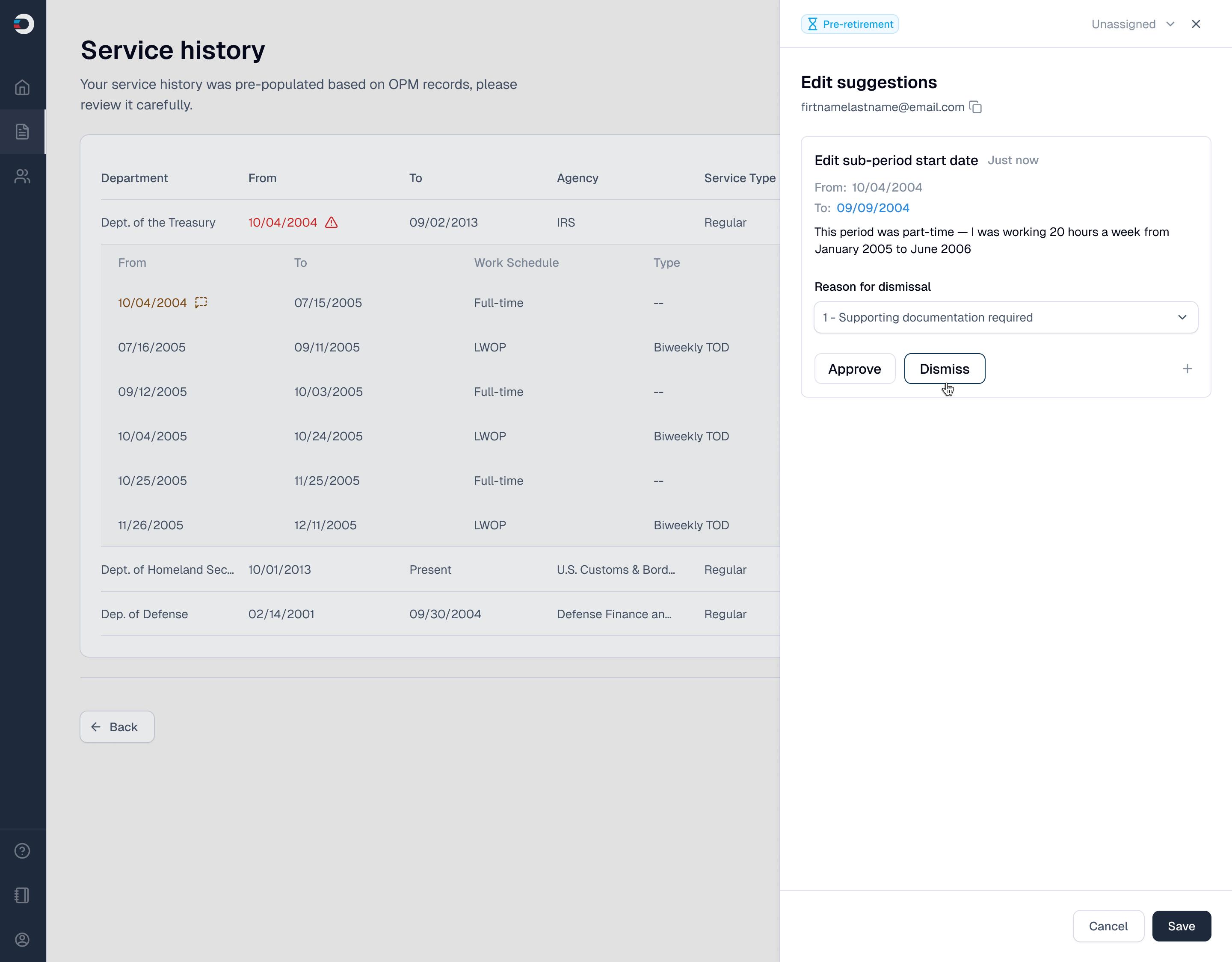 Employee service-history review with the connected HR decision surface