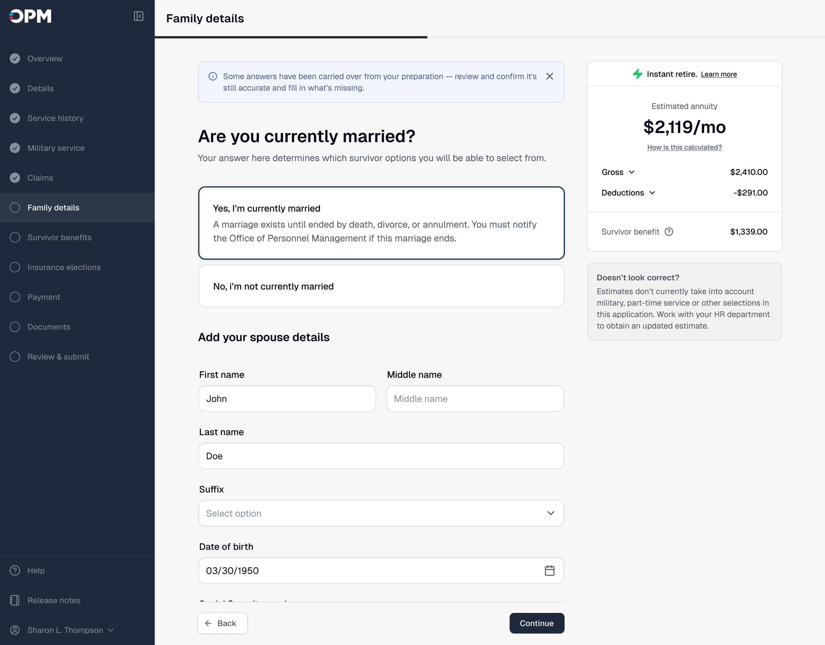 ORA family details step with guided questions, spouse information, and an instant retirement estimate