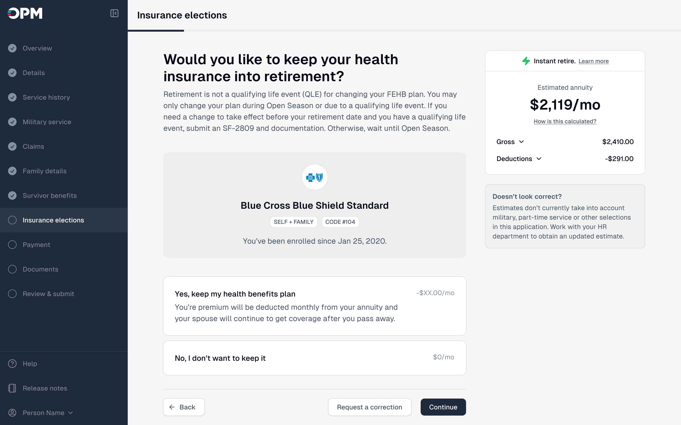 ORA health insurance election with coverage details and a live annuity estimate