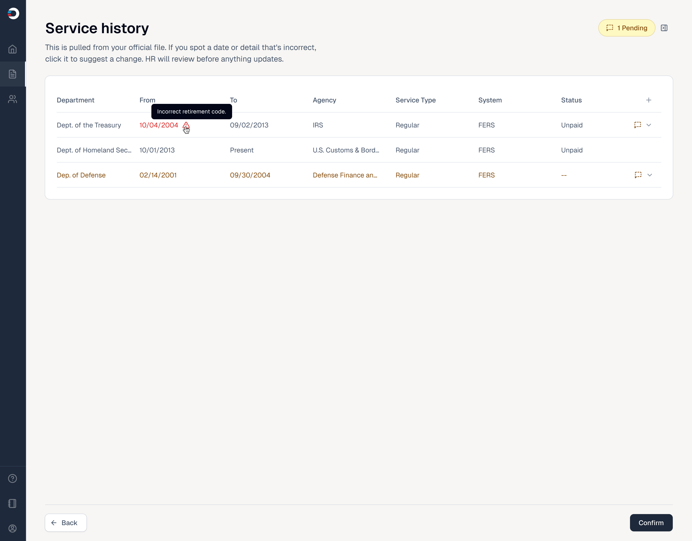 HR service-history review showing a pending employee suggestion