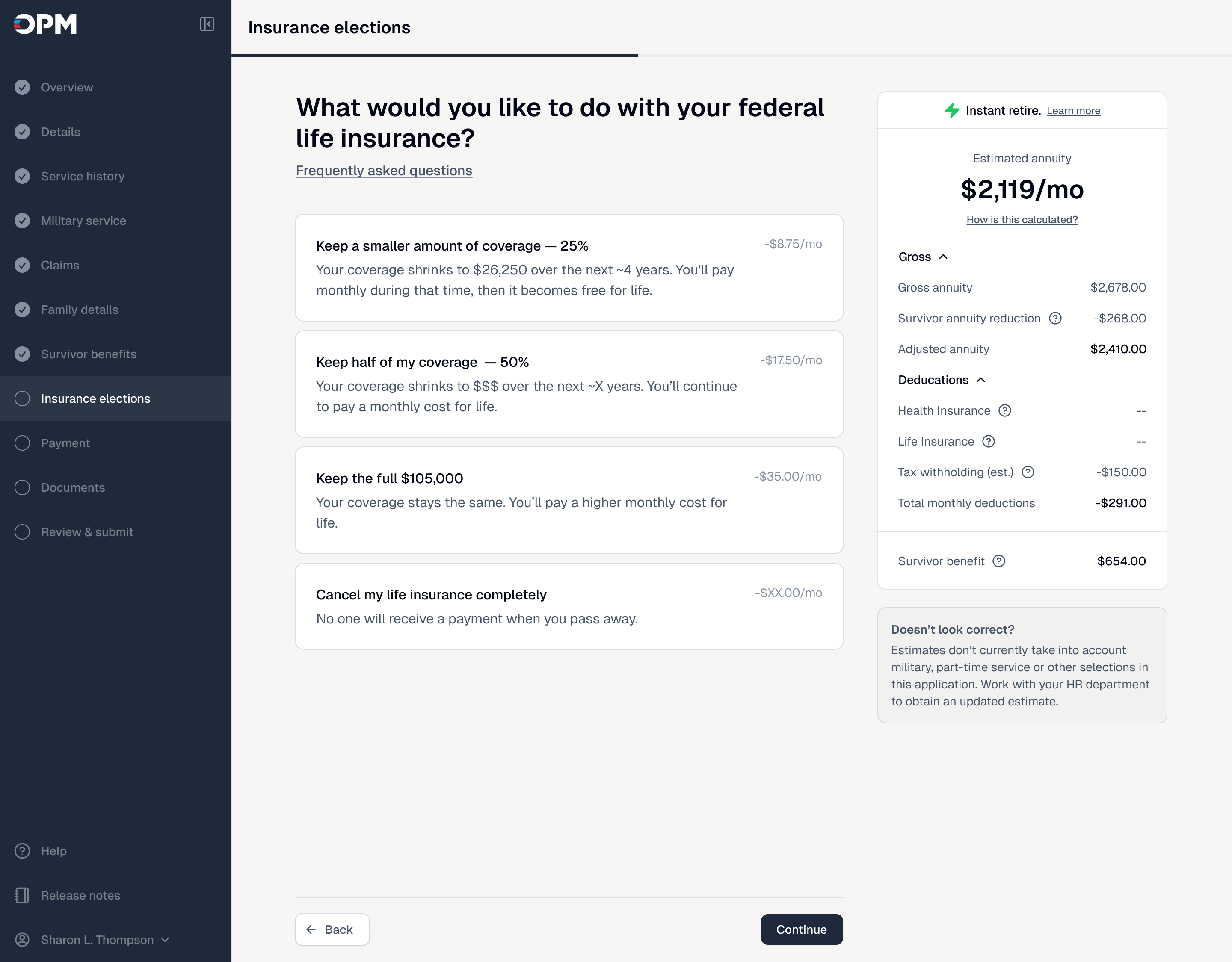 ORA life-insurance election step written in plain language with an instant annuity estimate