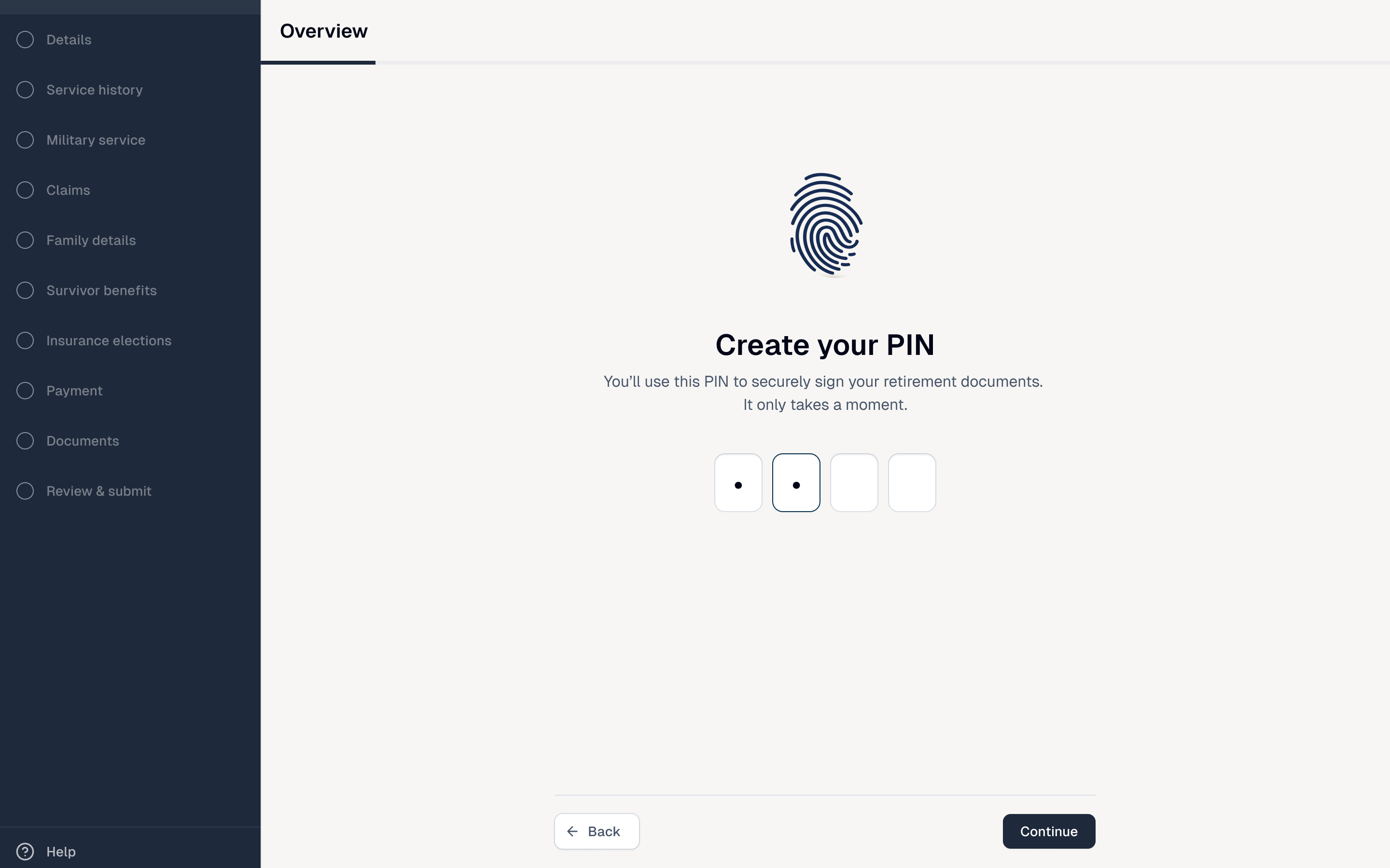 ORA PIN setup screen for securely signing retirement documents