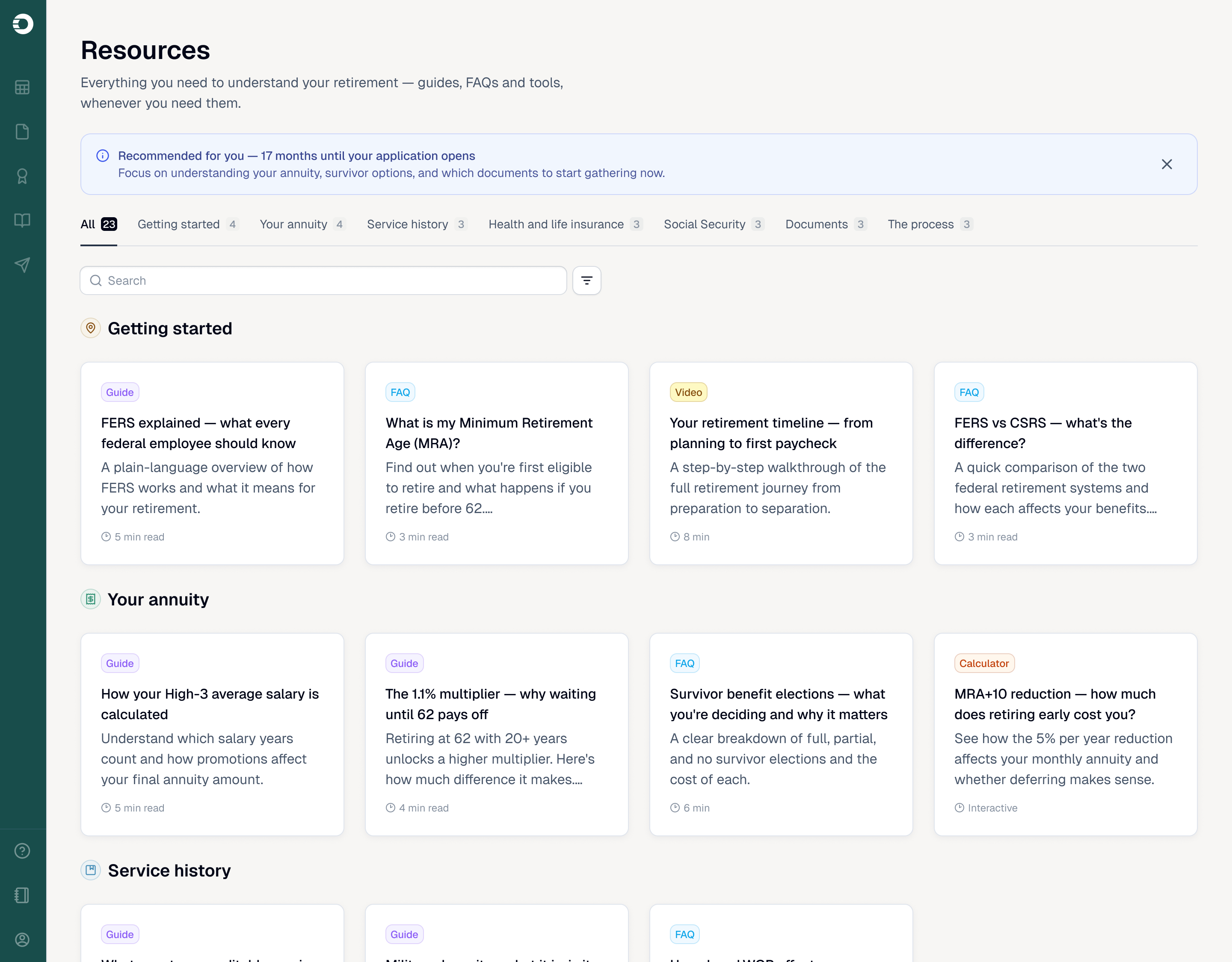 Retire Ready retirement resources library with guides, FAQs, videos, and calculators