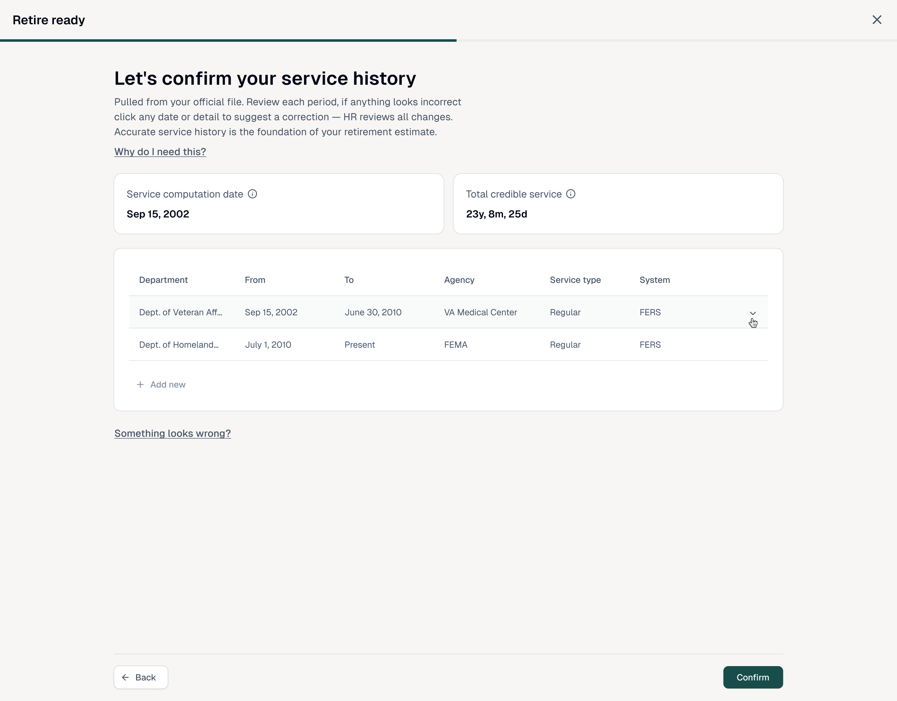 Retire Ready service history review with employment records and confirmation actions