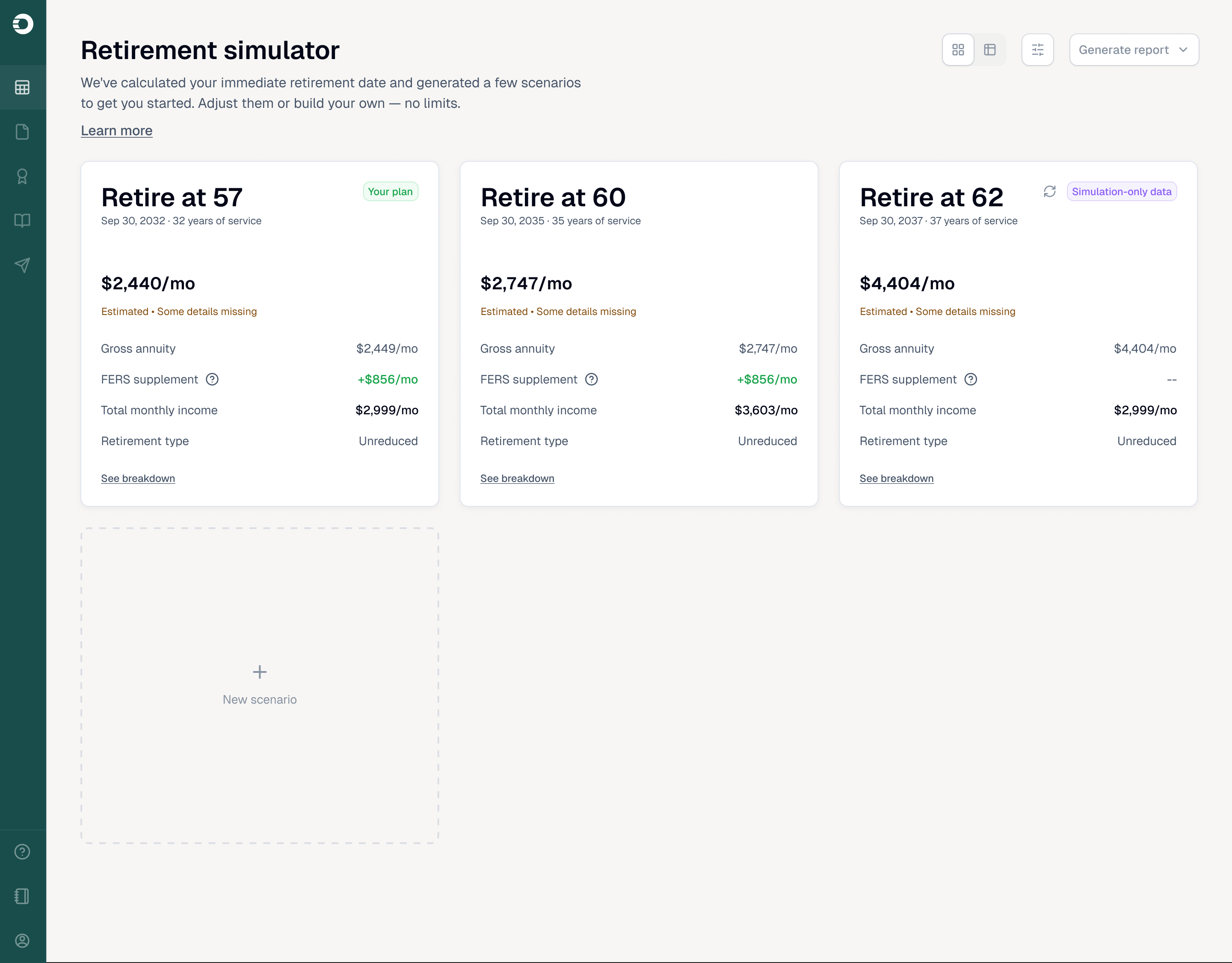 Retirement calculator comparing three scenarios with detailed employee data