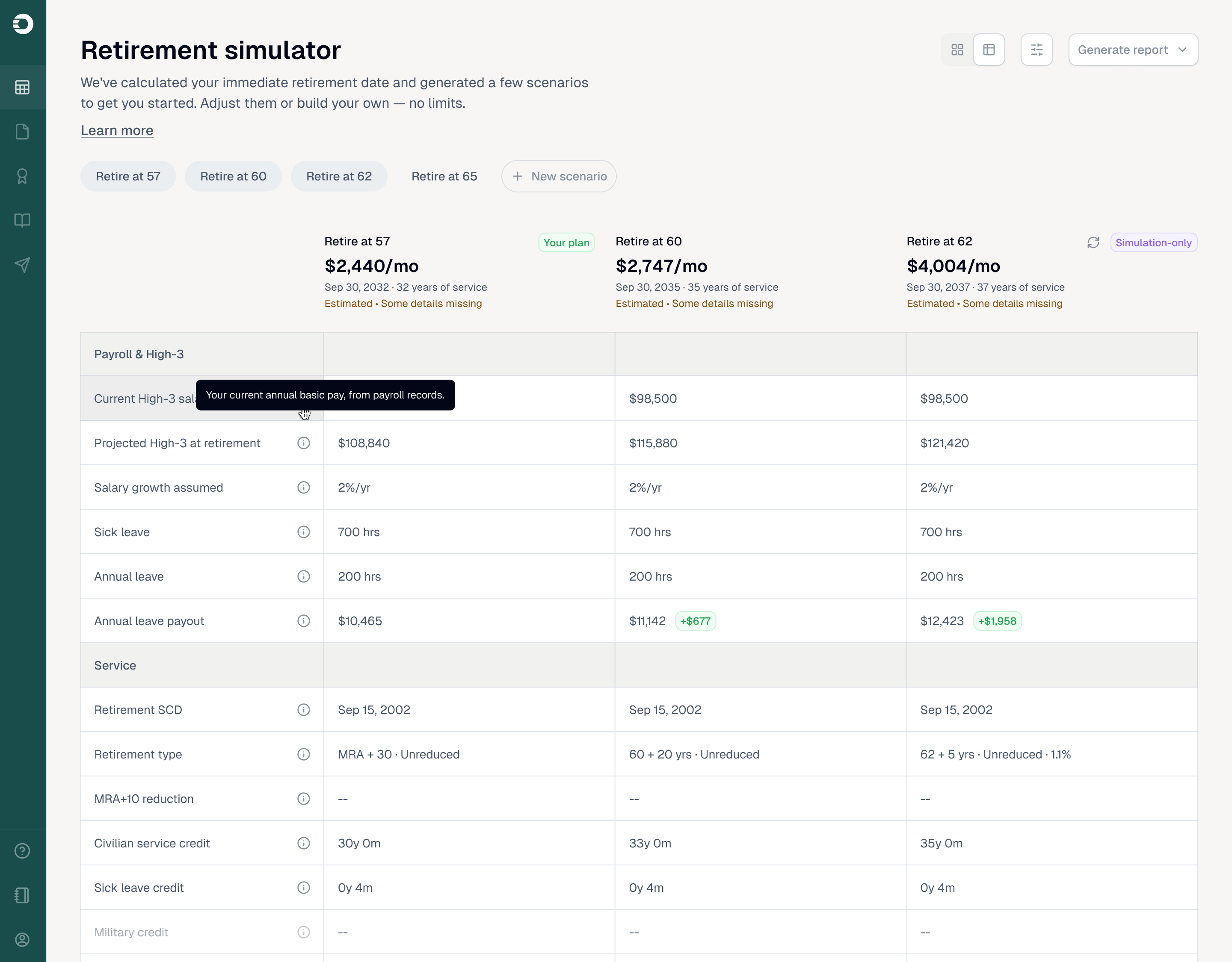 Retirement simulator comparing three retirement-age scenarios