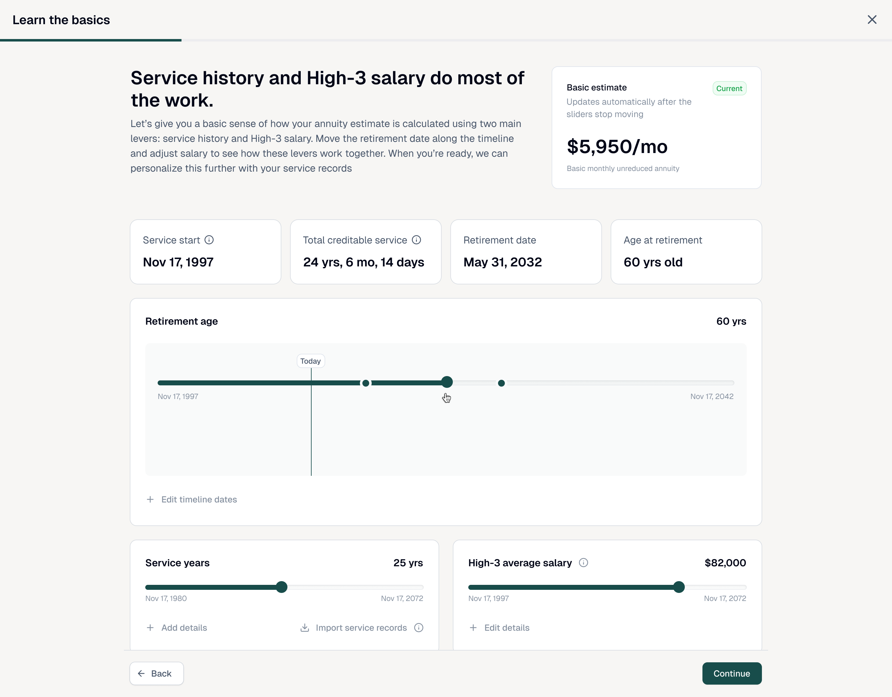 Self-service retirement calculator using service history, retirement date, and High-3 salary