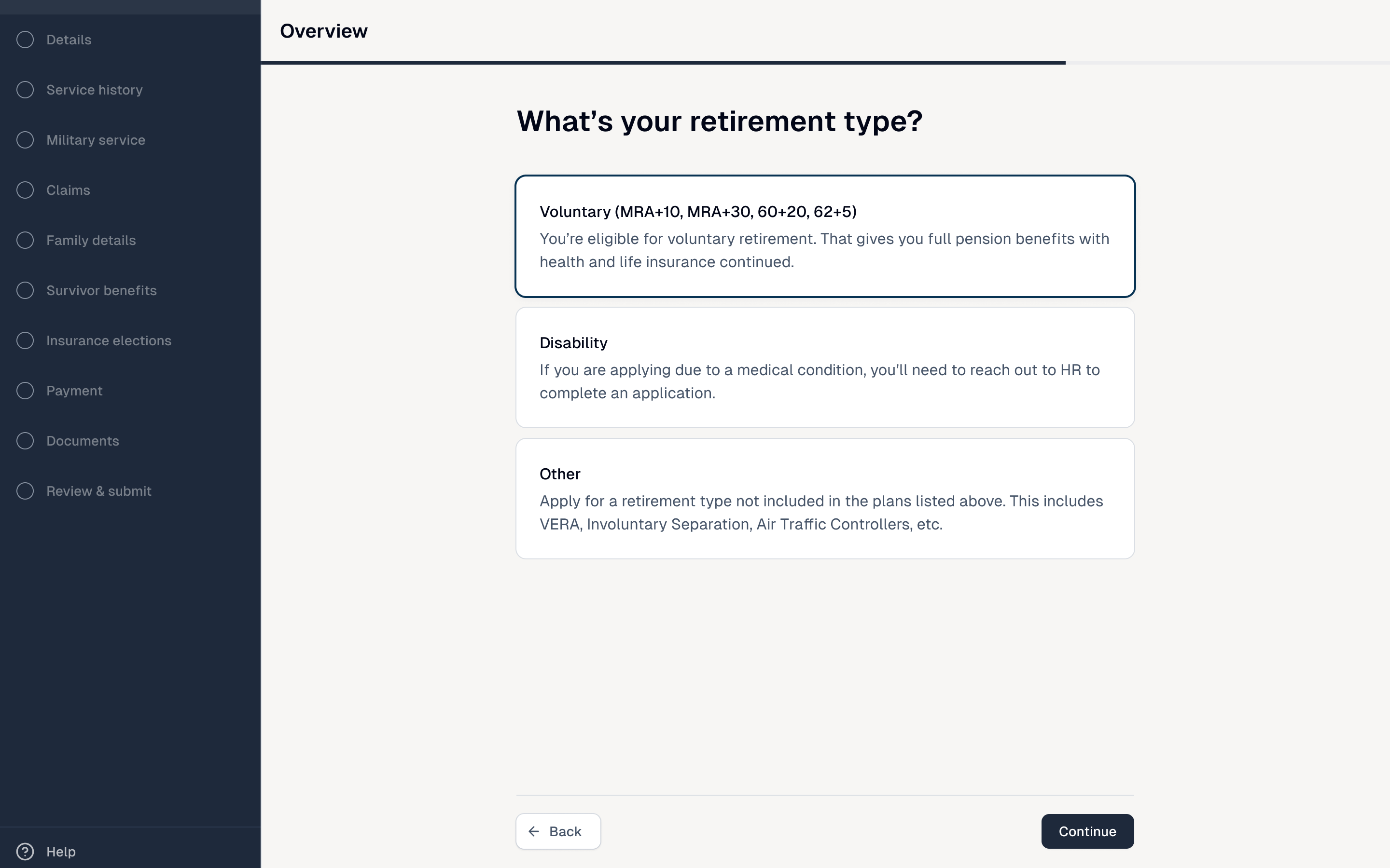 ORA retirement type selection with voluntary, disability, and other options