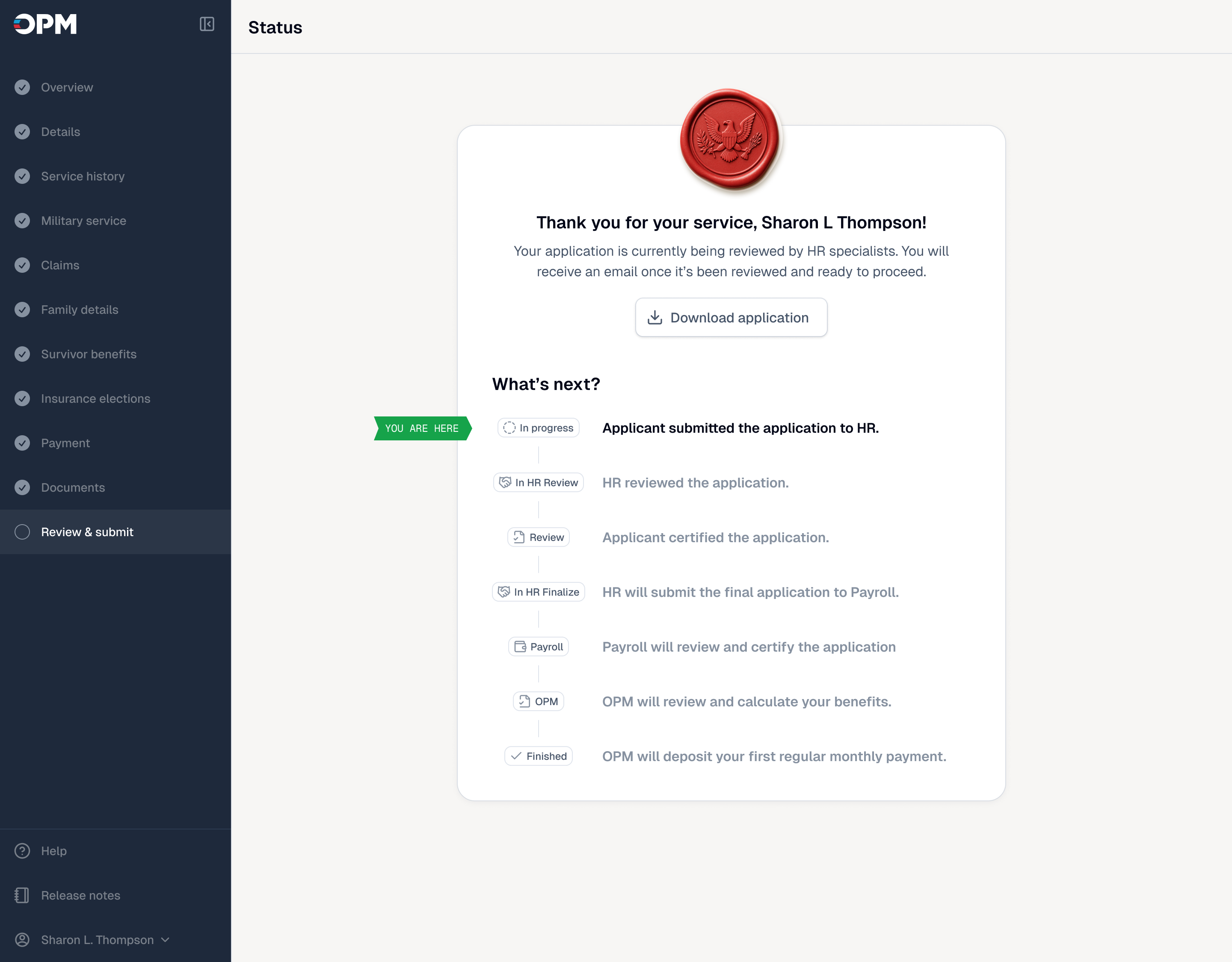 ORA application status page showing each step from HR review through the first retirement payment