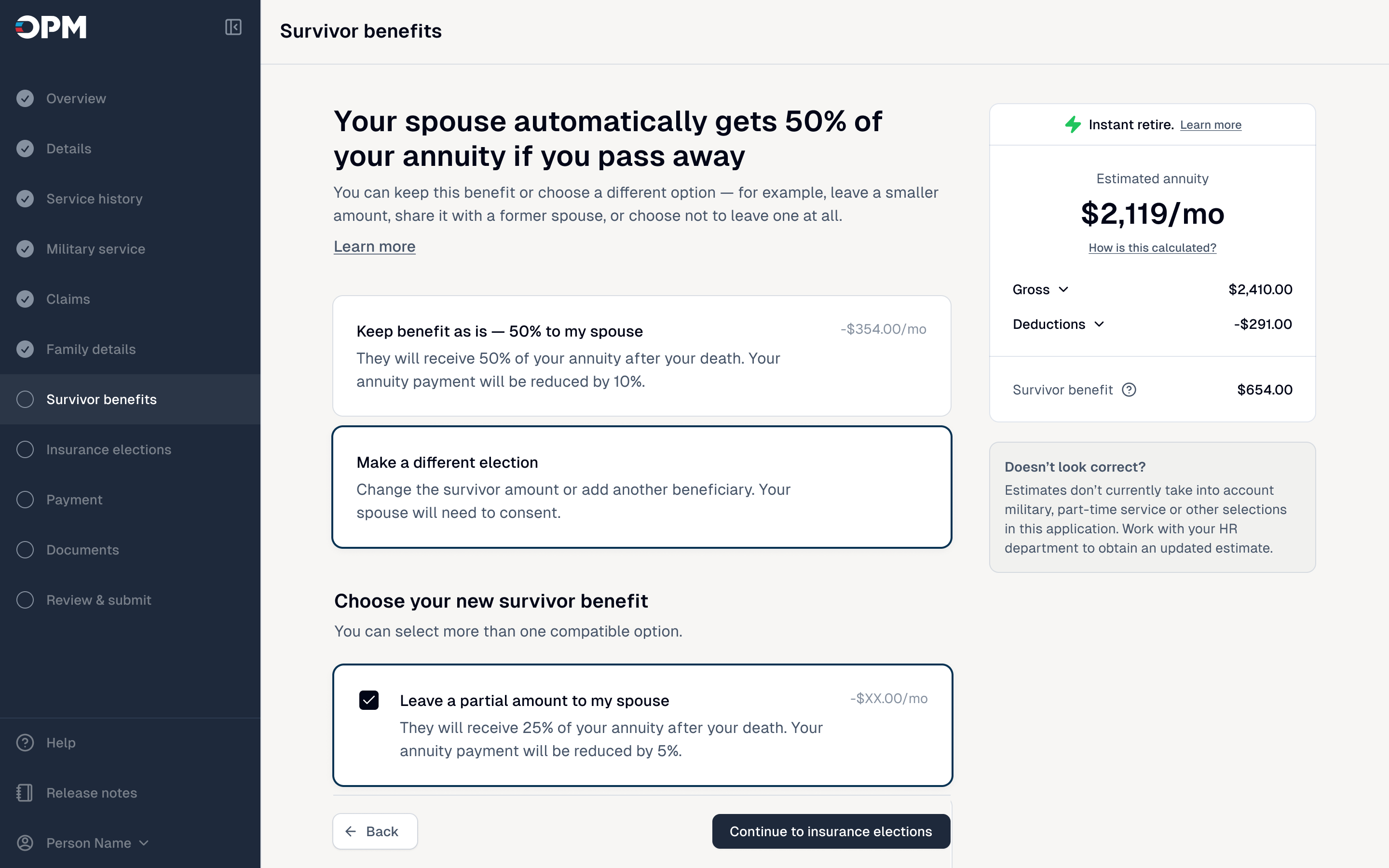 ORA survivor benefit election with plain-language options and a live annuity estimate
