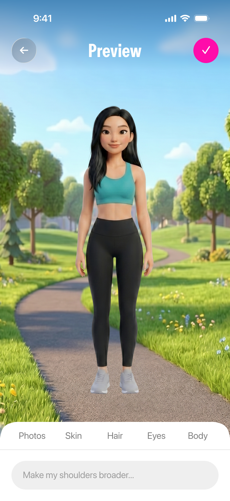 Twinsi avatar editing screen with outfit customization controls