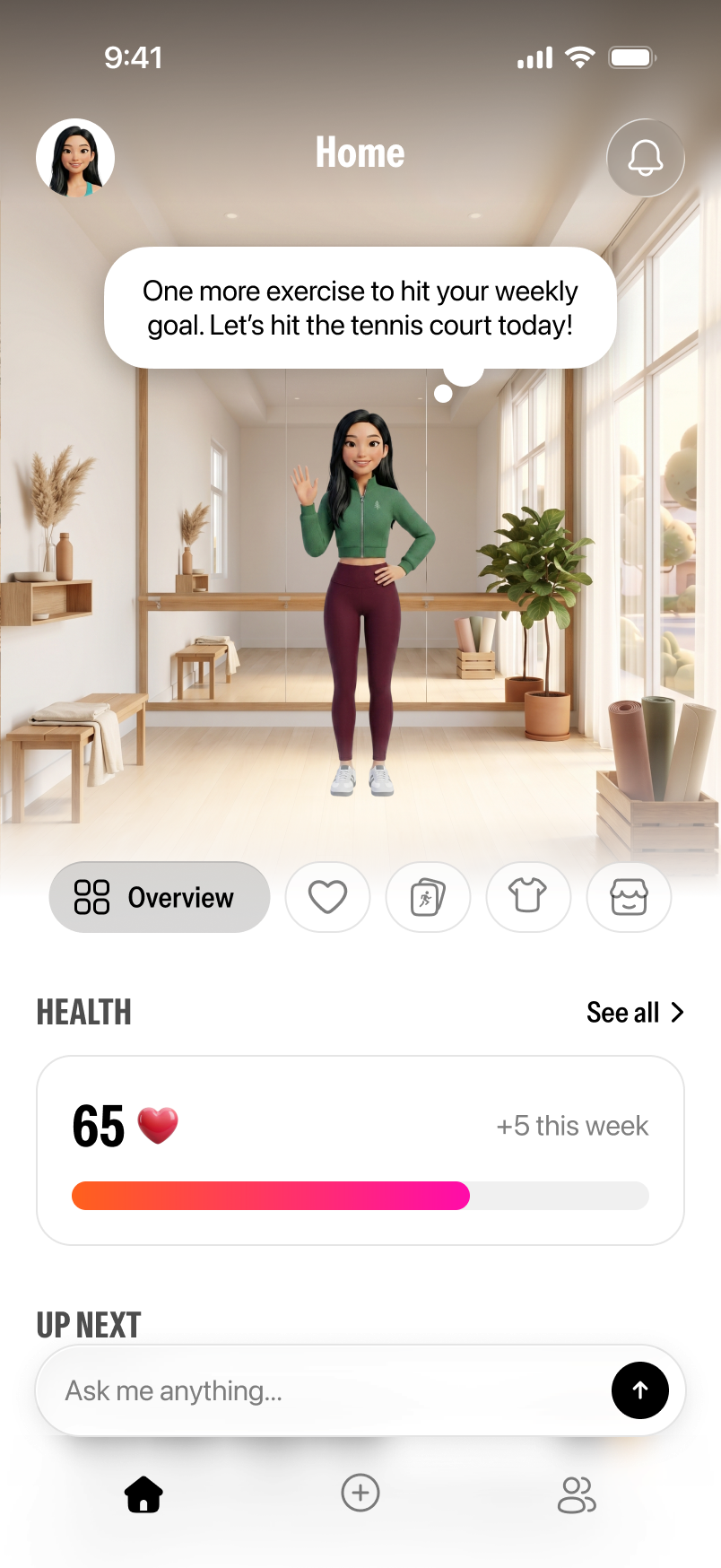 Twinsi home overview screen with avatar, weekly goal prompt, health score, and navigation tabs