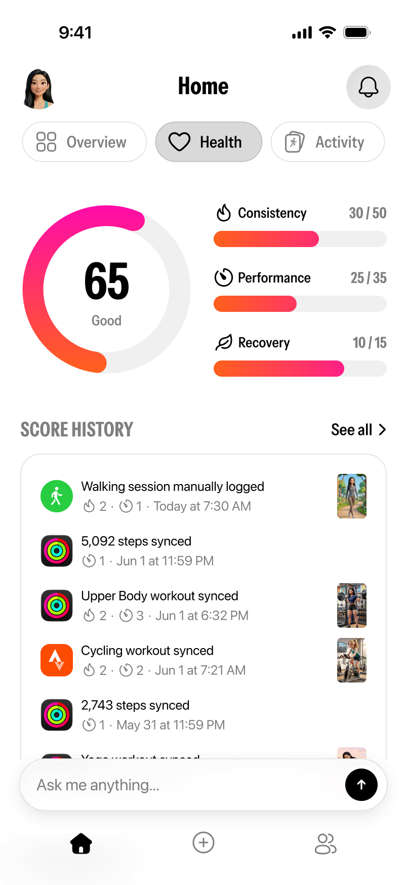 Twinsi health tab showing step count, heart rate, energy burned, and progress charts
