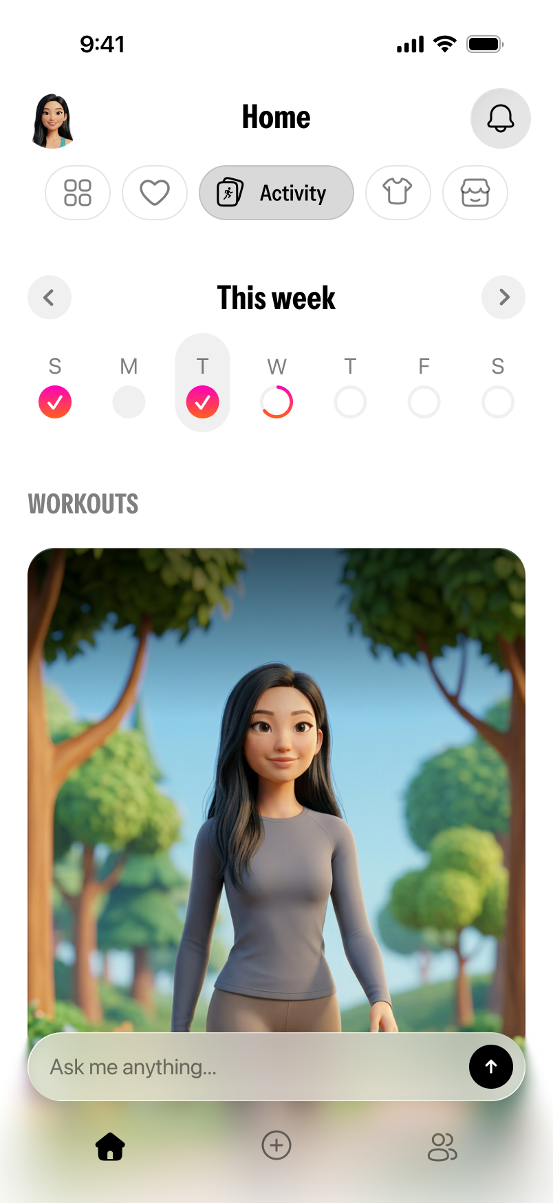 Twinsi activity tab showing goal progress, workouts, and activity history
