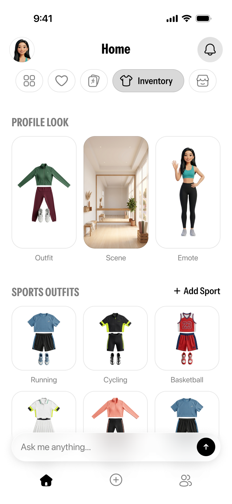 Twinsi inventory tab showing collected outfits, trophies, and medals