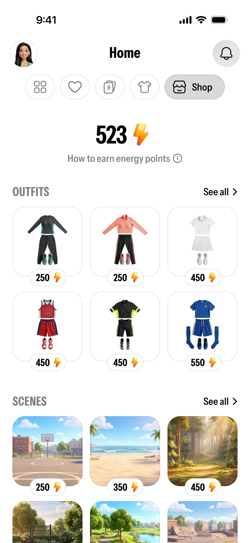 Twinsi shop screen showing items that can be unlocked with earned energy
