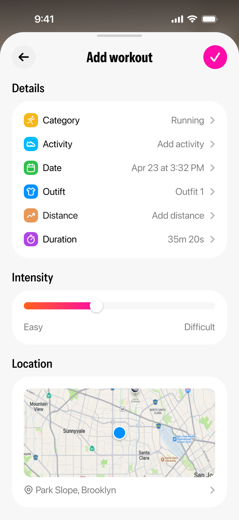 Twinsi add workout screen for turning a fitness activity into a post