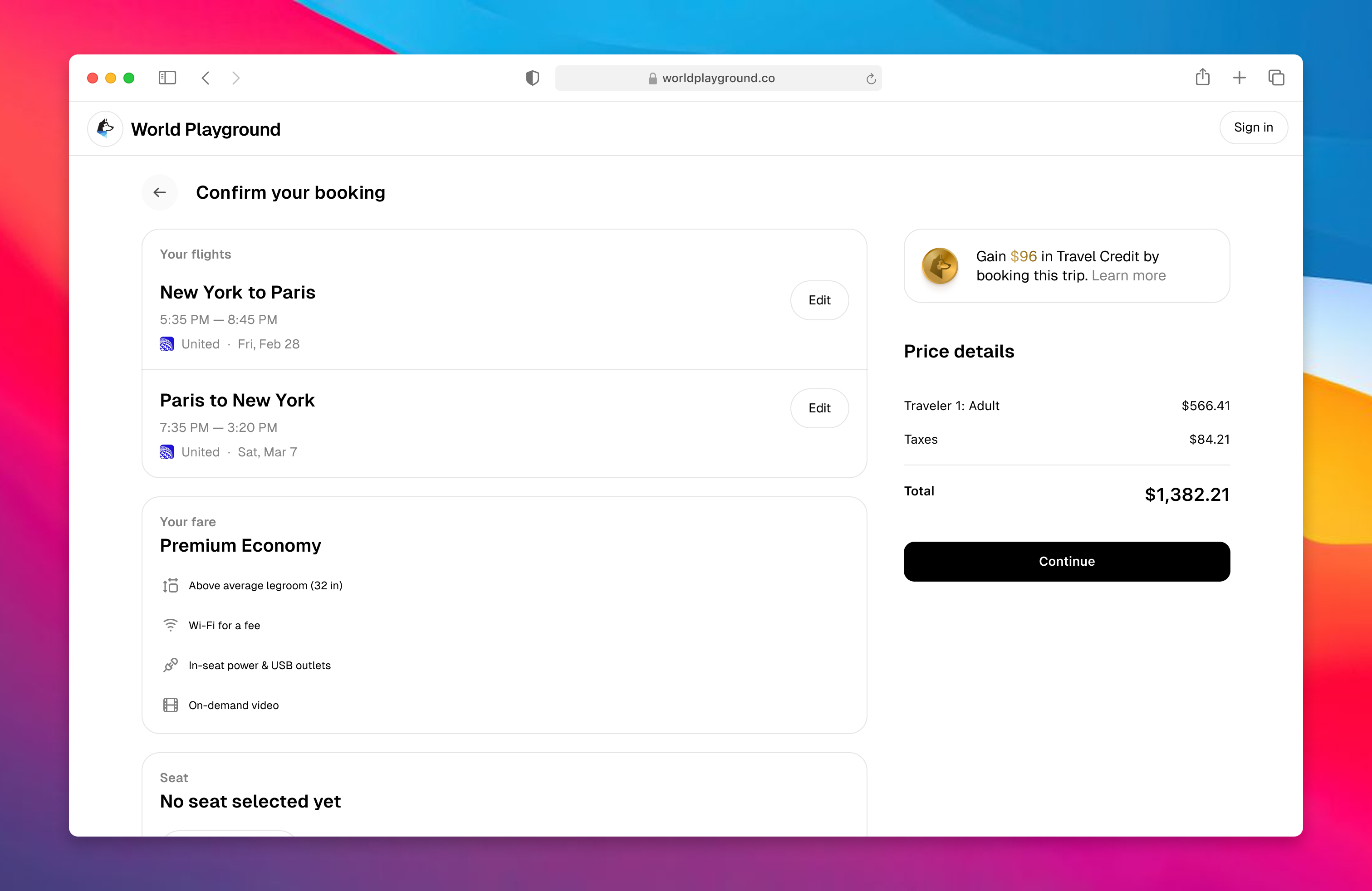 World Playground flight booking review with itinerary, fare, seat, travel credit, taxes, and total price