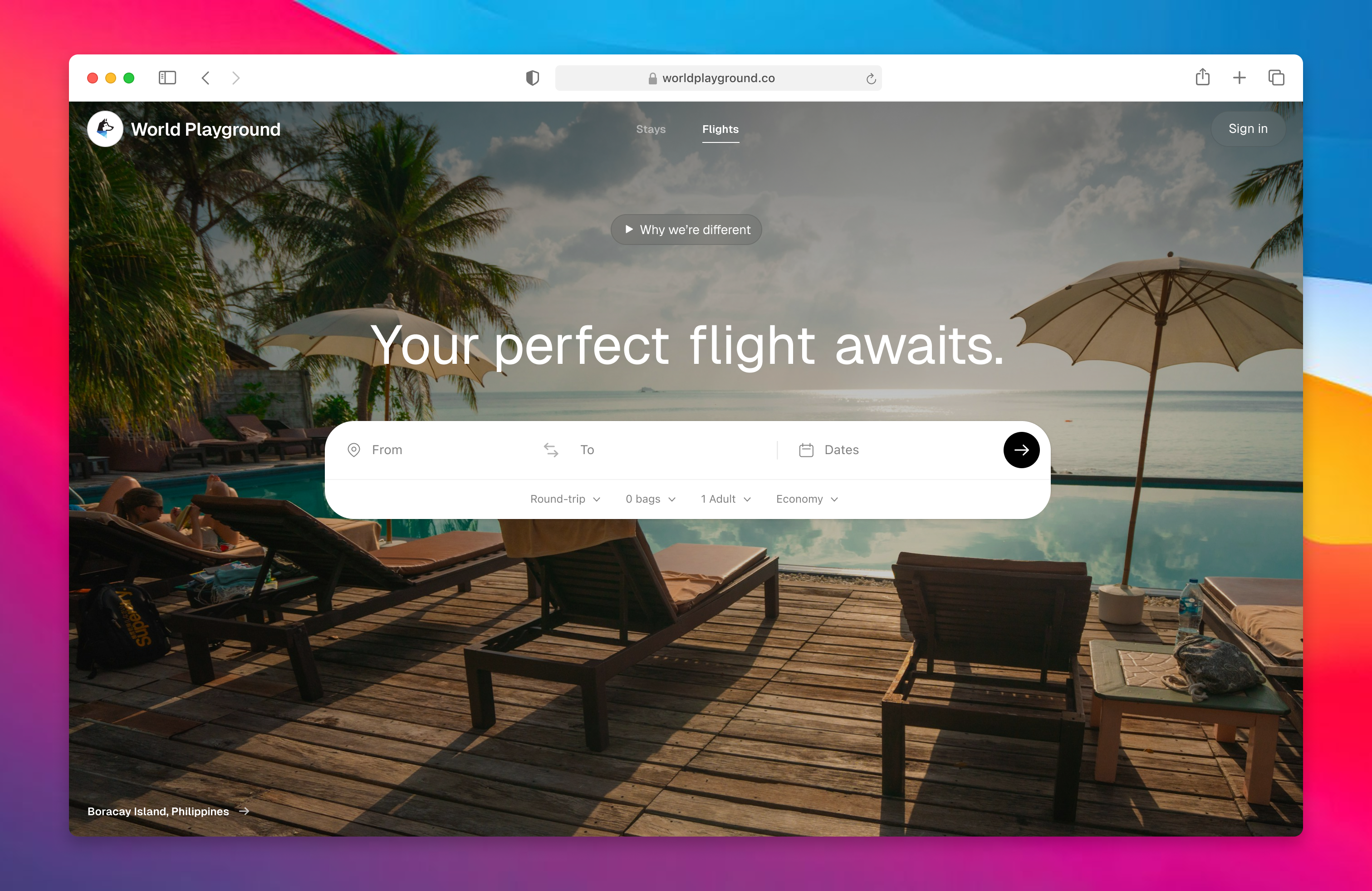World Playground flight search home page with route, date, trip, bag, traveler, and cabin controls