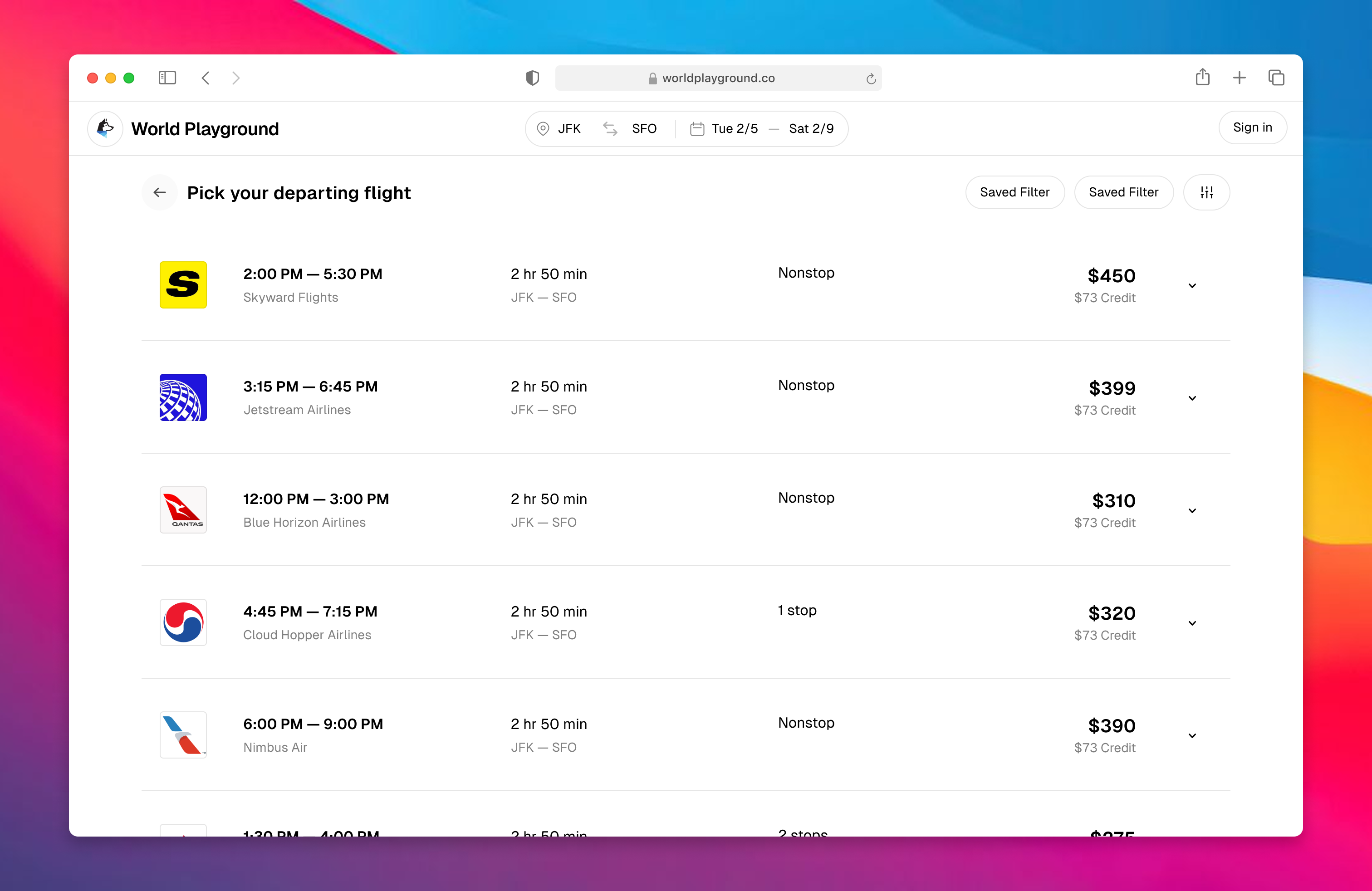 World Playground departing flight results comparing airlines, schedules, stops, prices, and travel credit