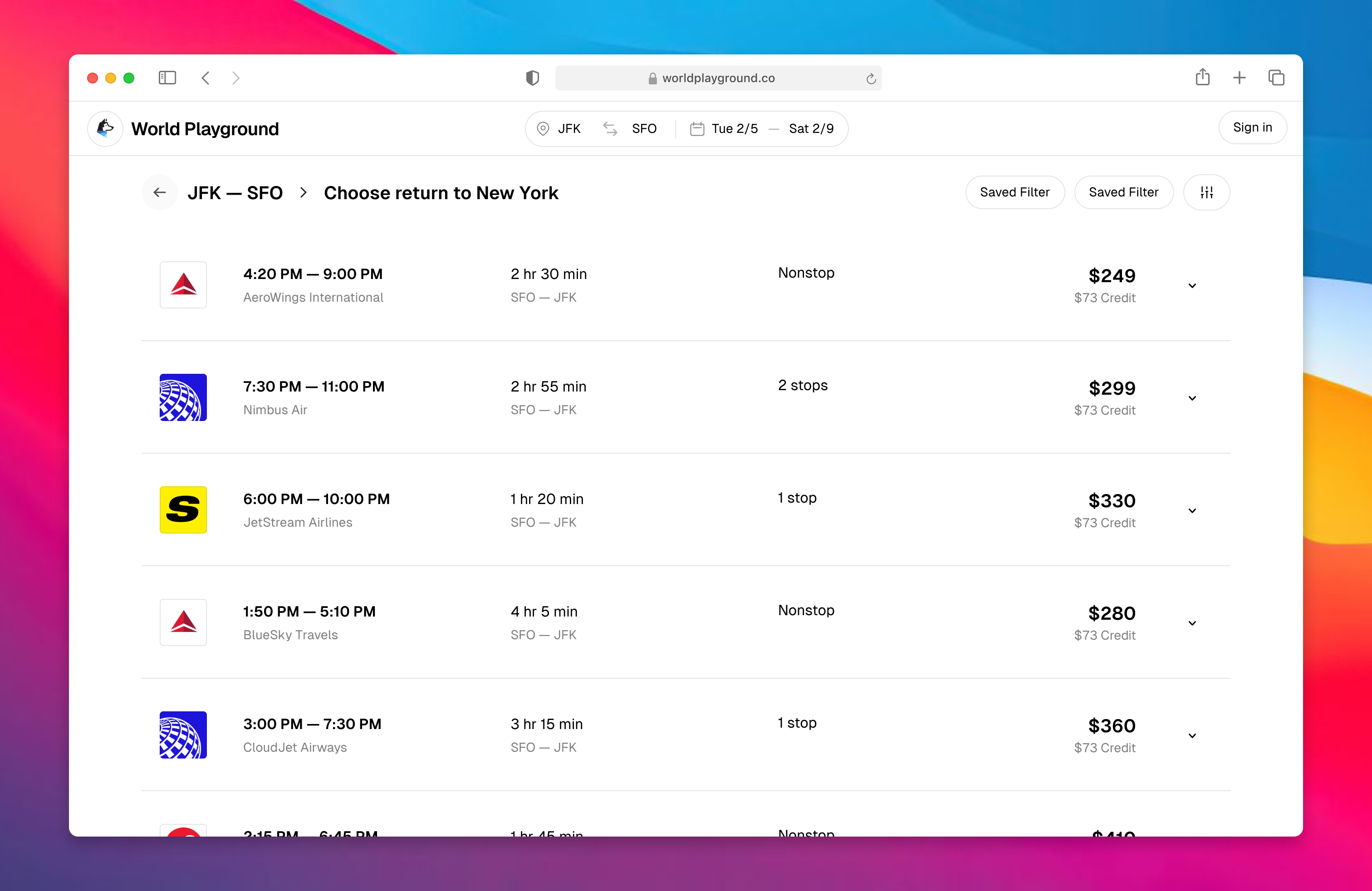 World Playground return flight results with the selected outbound route retained in the page heading