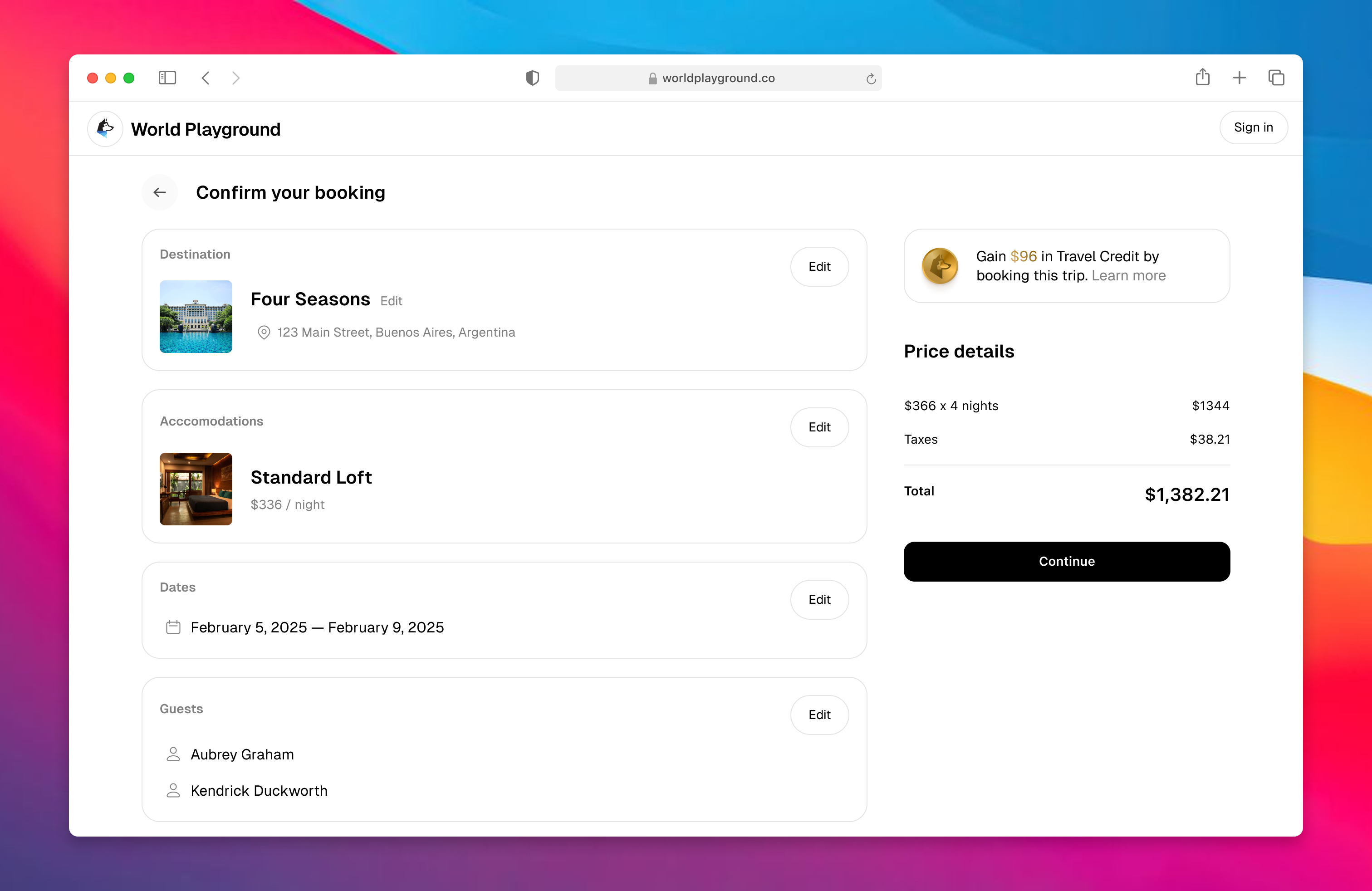 World Playground stay booking review with hotel, room, dates, guests, travel credit, taxes, and total price