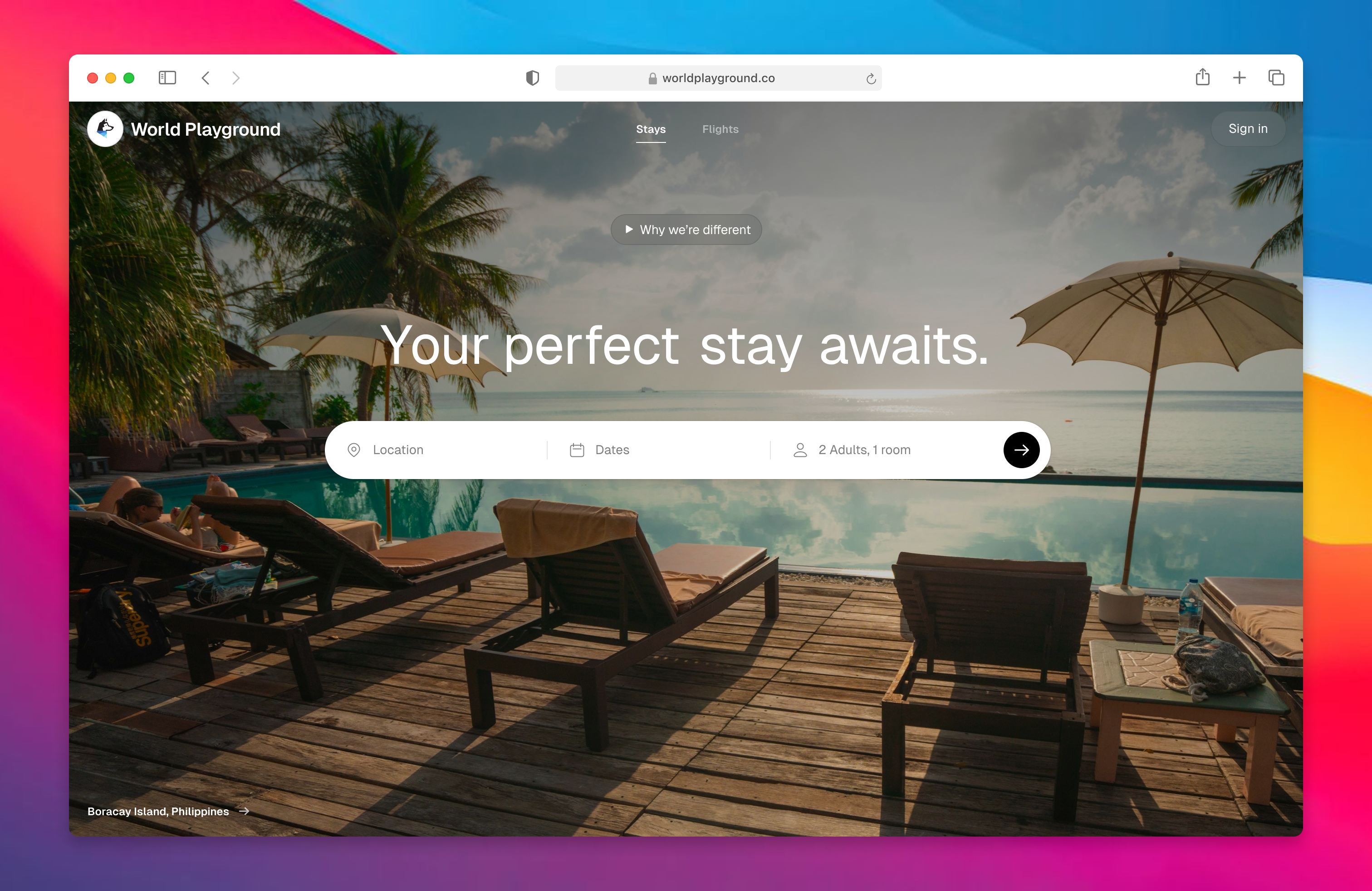 World Playground stay search home page with location, dates, travelers, and room controls