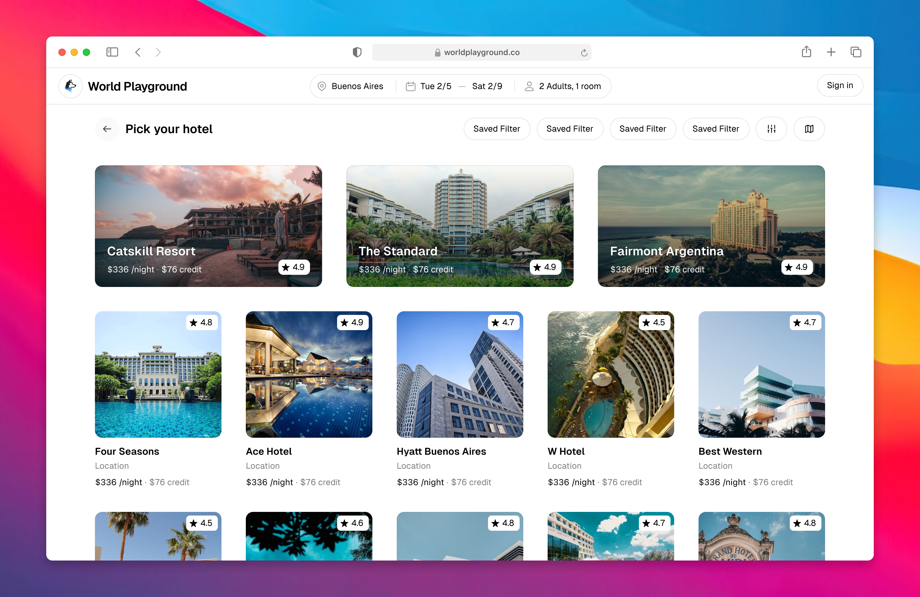 World Playground hotel results in a visual grid with ratings, nightly prices, and travel credit