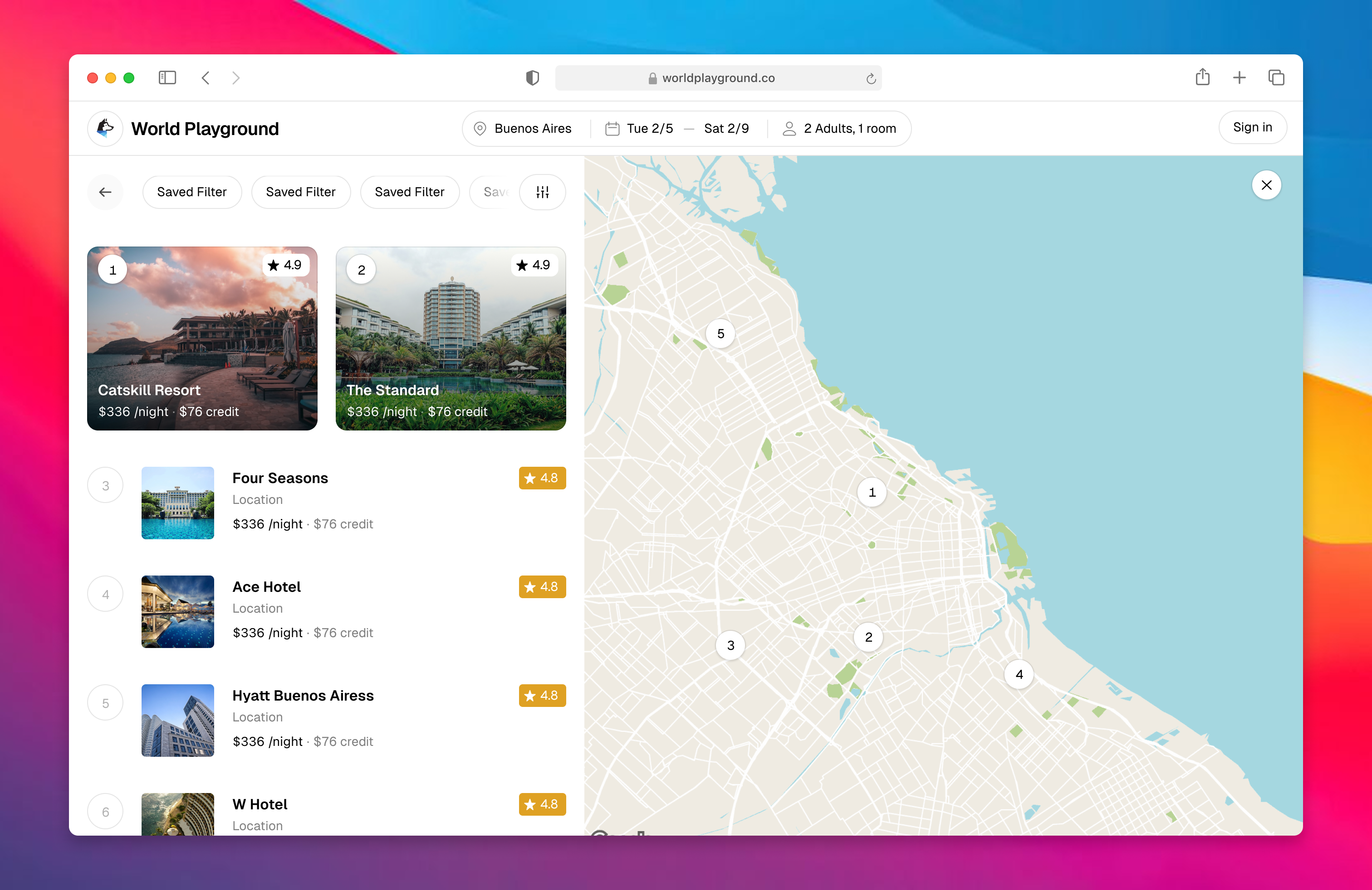 World Playground hotel results in a list-and-map view connecting properties with their locations