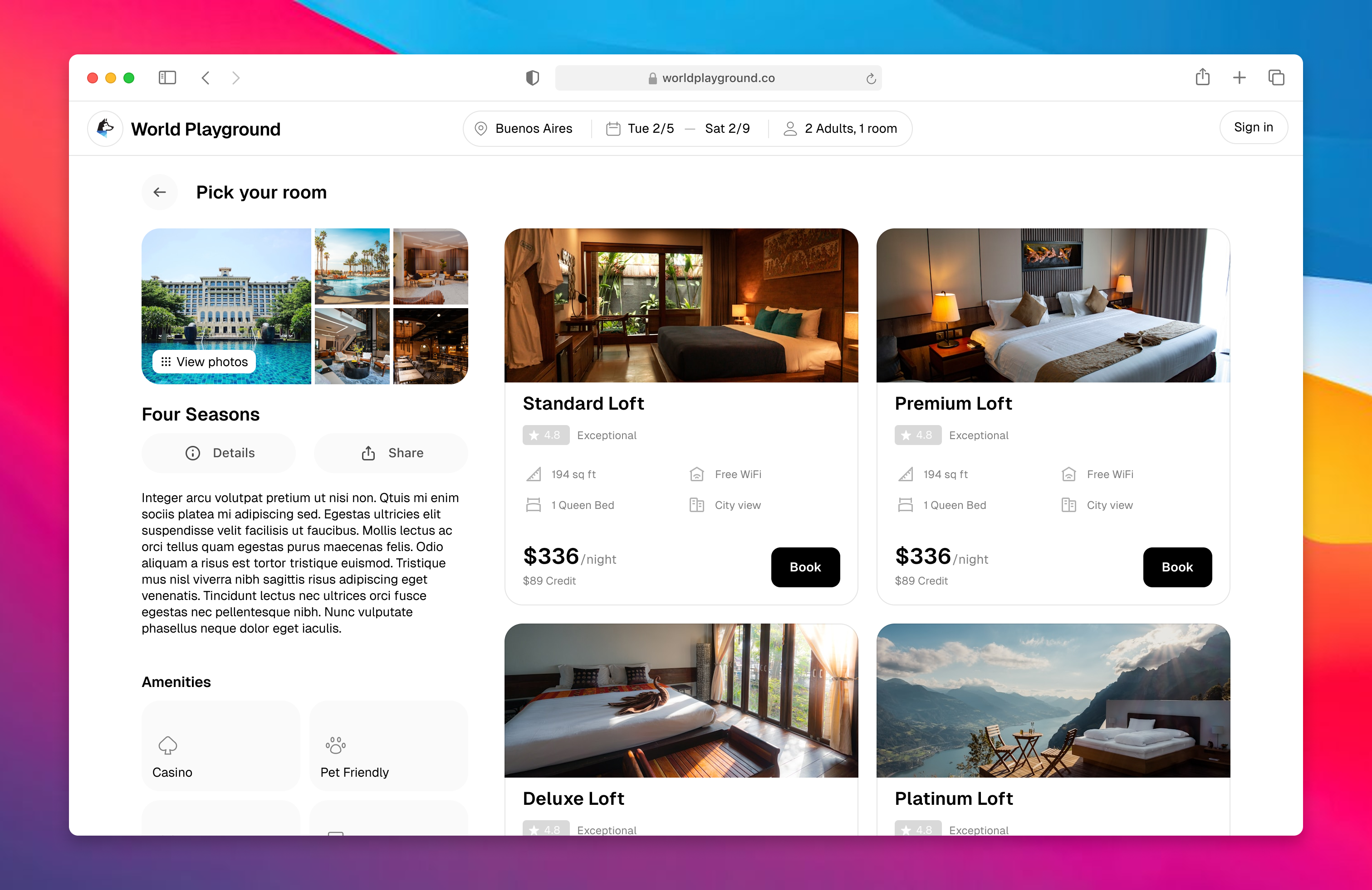 World Playground room selection page comparing room photos, amenities, nightly prices, and travel credit